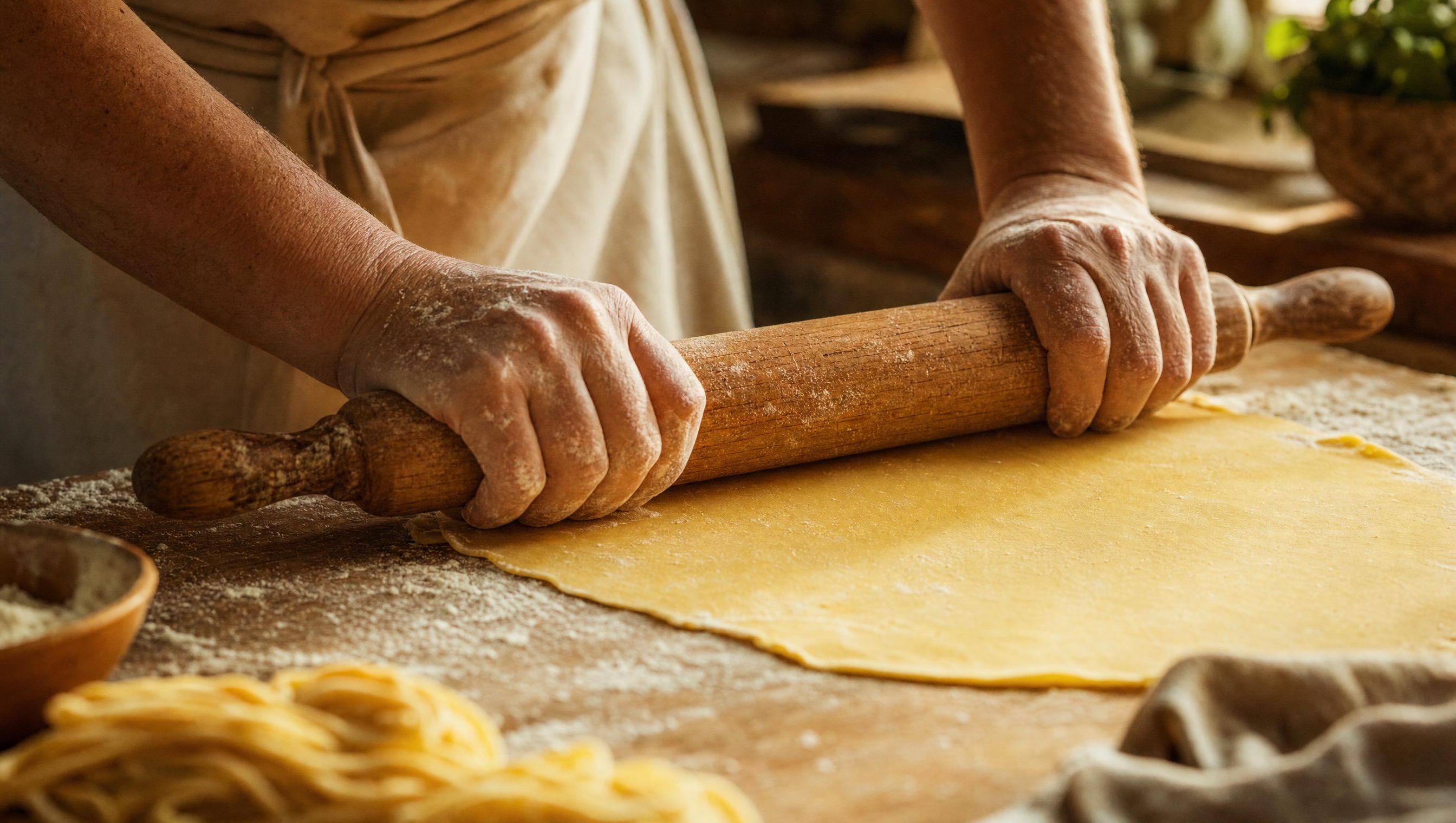 Estirando la lámina de pasta con el rodillo hasta dejarla fina y sedosa