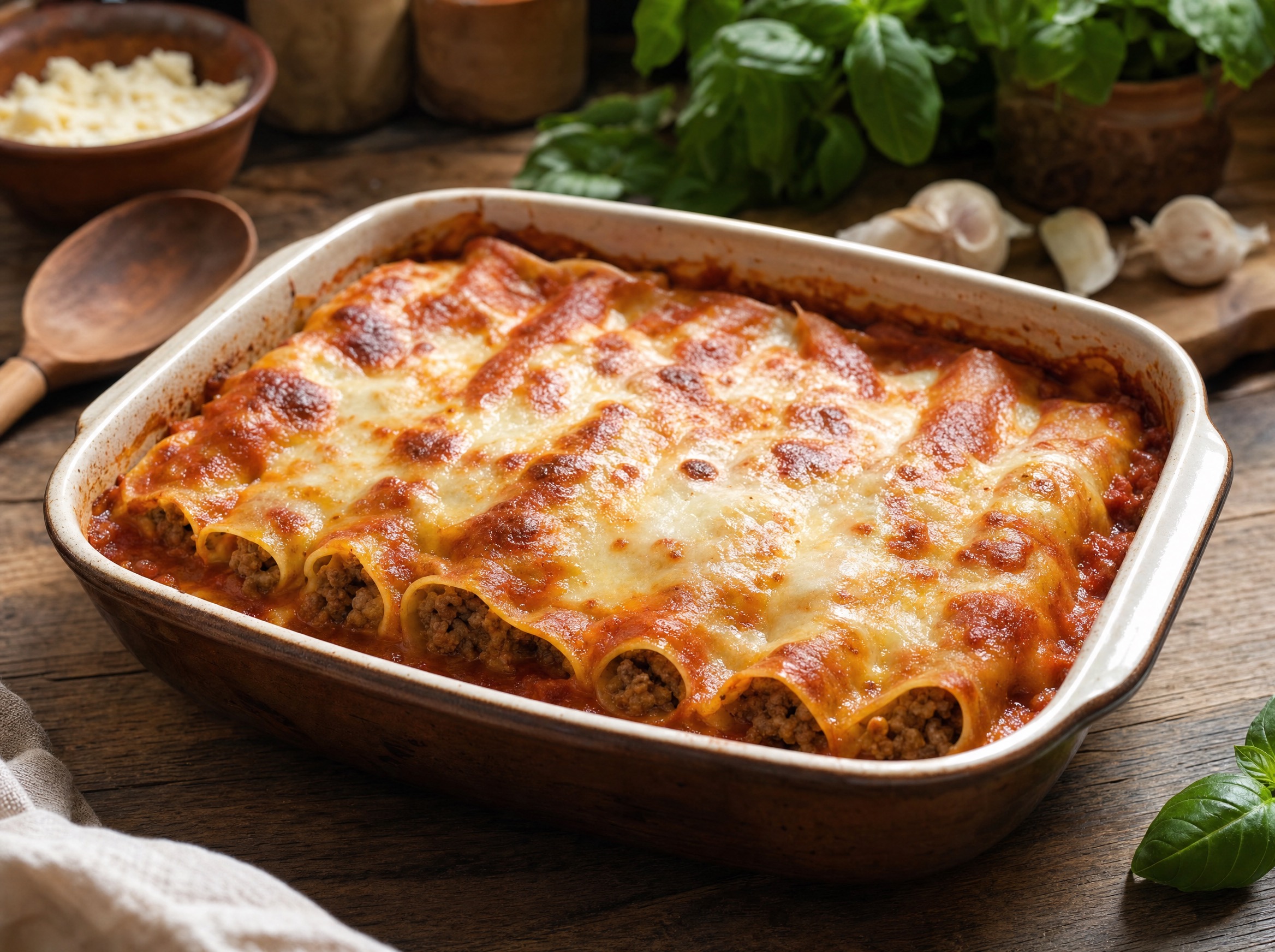 Canelones caseros con salsa, listos para gratinar