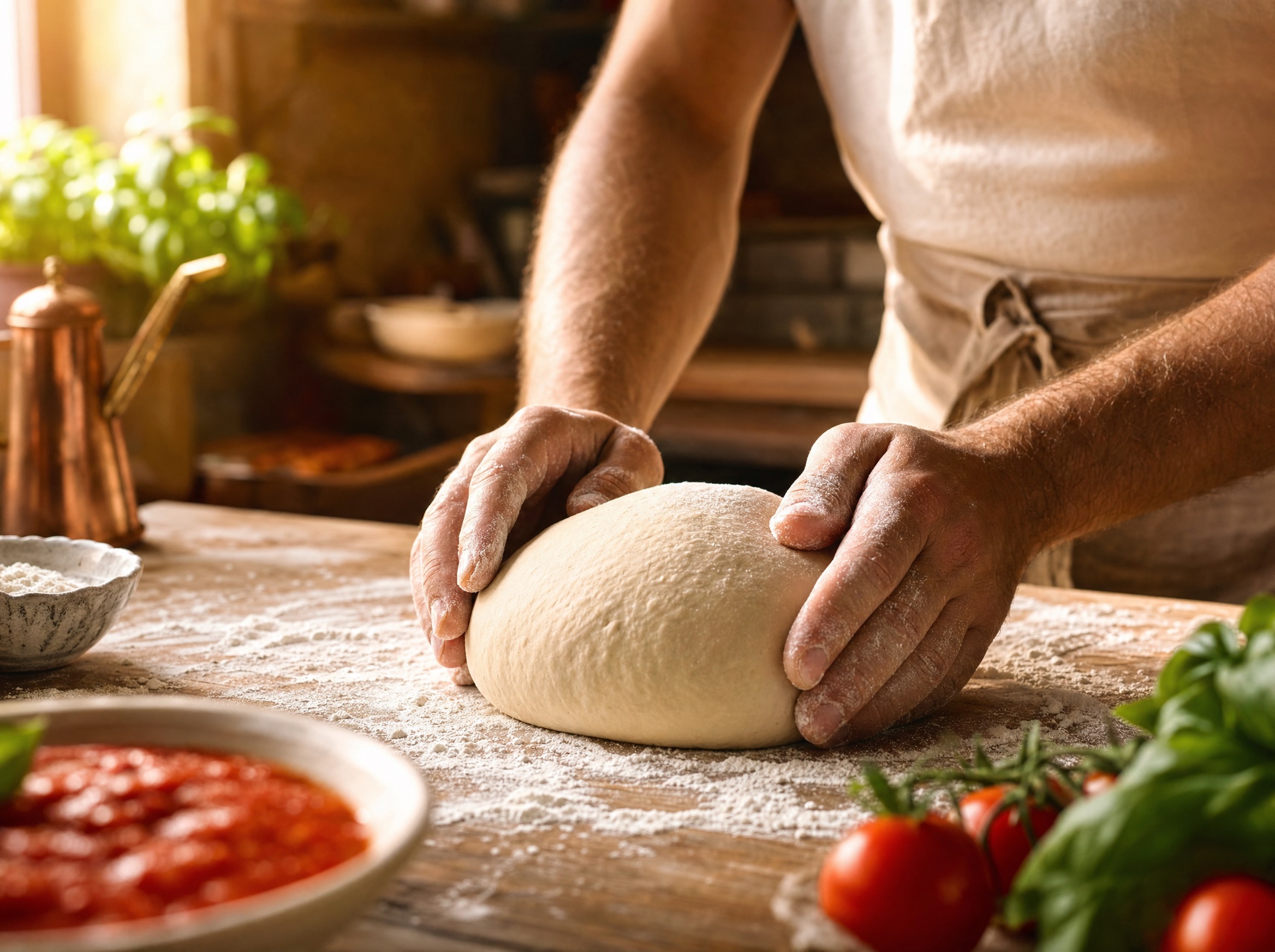 Bollos de masa de pizza fresca enharinados